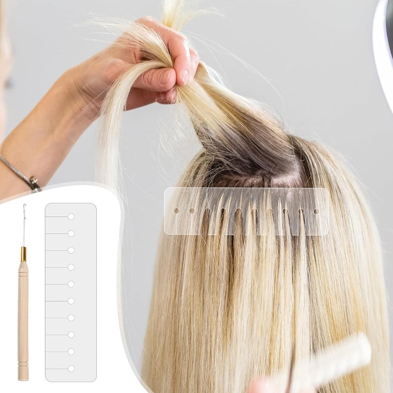 Macuezu 10 Pcs Heat Shield Guards for Hair Extension with Latch Hook Crochet Needles, Multi Hole Shield Spacers Fusion Glue Protector Templates Pulling Needle for Hair Extensions - Image 2